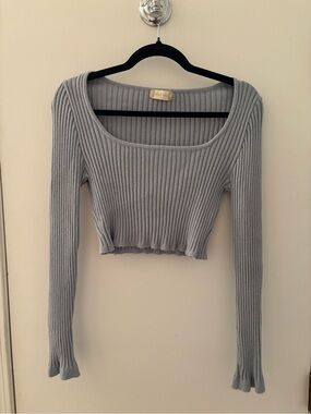 Light Blue Ribbed Scoop Neck Cropped Top - Women